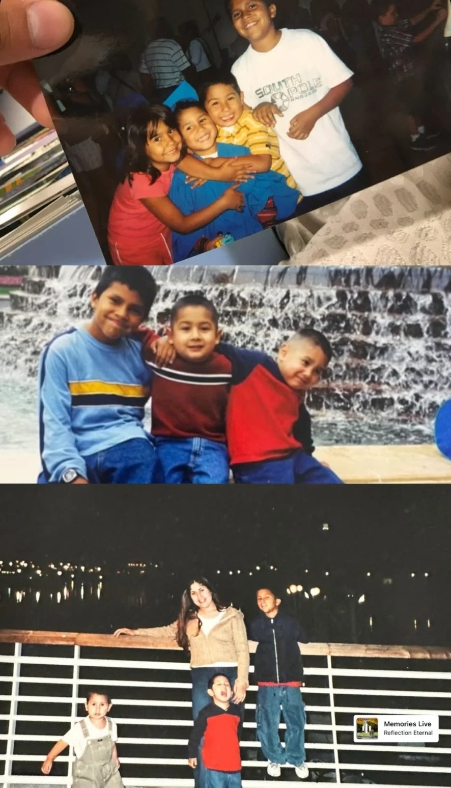 Three family photographs held in hand — children smiling, boys at a fountain, and family together at night